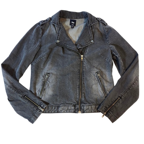 GAP Jackets & Blazers - GAP Vintage Y2K Black Gray Denim Moto Asymmetrical Zip Jacket Women's Size M
